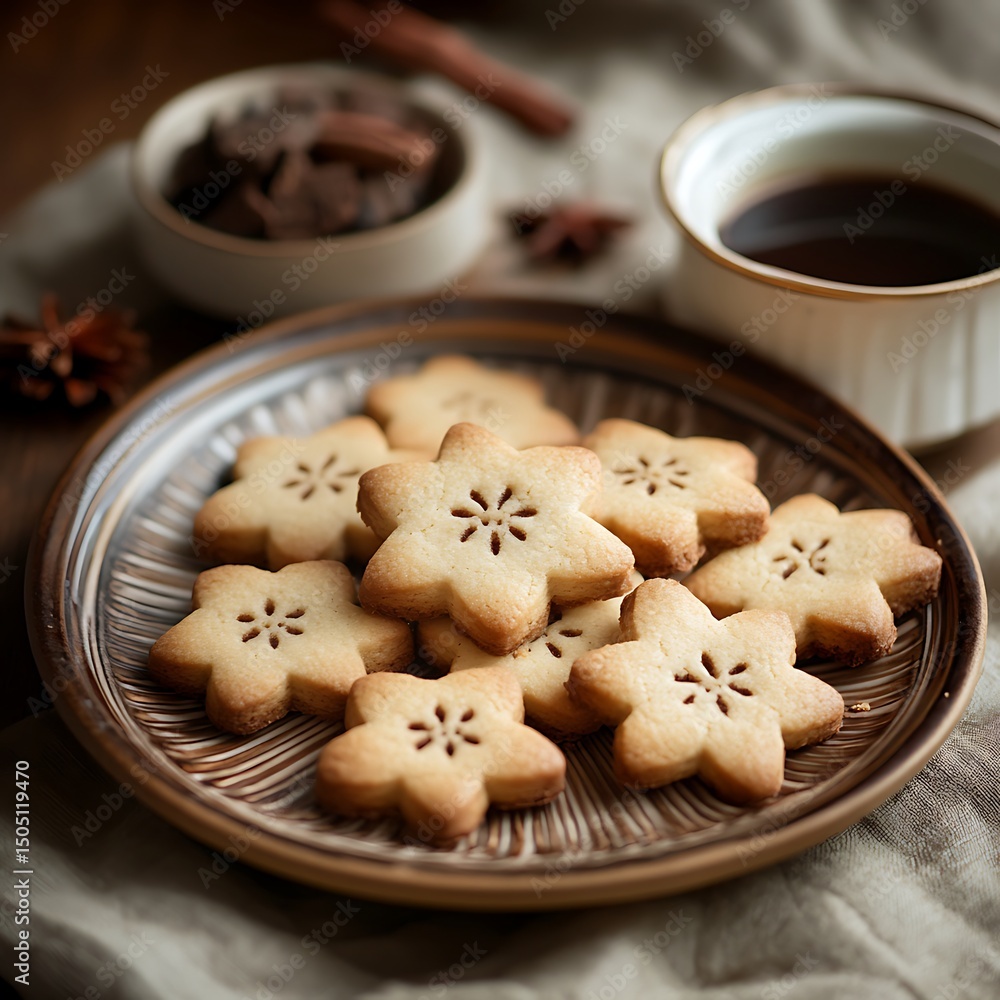 Fototapeta premium Flower Cookies Stacked on Plate with Coffee, Cinnamon Sticks, and Star Anise