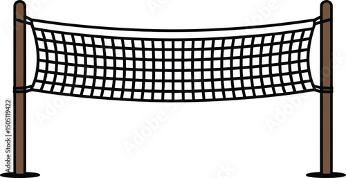 Cartoon Volleyball Net with Brown Wooden Posts on White Background.