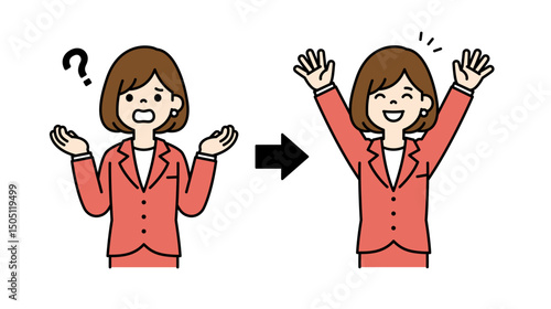 疑問を解決した、女性会社員のベクターイラスト素材＿線幅の編集可能＿カラー	