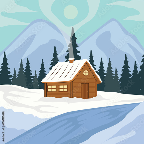 village housing near the river simple landscaped vector illustration graphic design . city building view geometric with hill bush and trees for business real estate agency