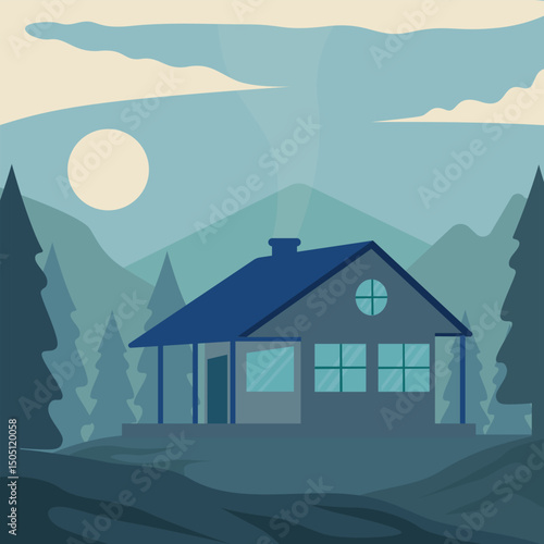 cabin or cottage at nature forest landscaped vector illustration graphic design . minimalist guest house at night view with trees and mountain idea concept for business travel