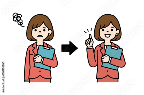 困った表情とひらめいた表情の、女性会社員のベクターイラスト素材＿線幅の編集可能＿カラー	