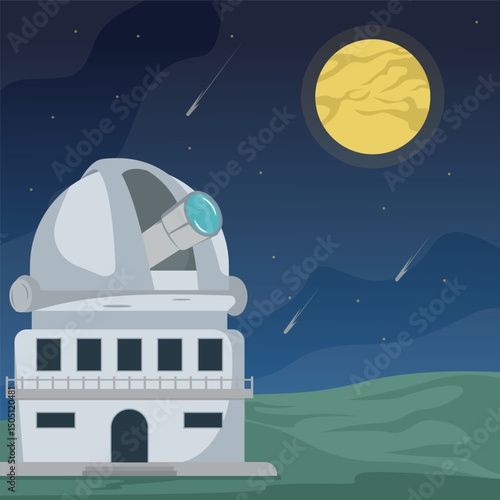 Space observatory landscaped  vector illustration graphic design , astronomical building in nature view with full moon and meteor concept for science idea knowledge