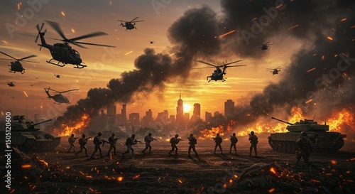 A wide panoramic view of a battlefield at sunset, showing dozens of soldiers, multiple helicopters, a large war tank, and a burning city skyline in the background.
