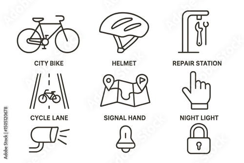 Bicycle icons: bike, helmet, repair, lane, navigation, signal, light, security lock