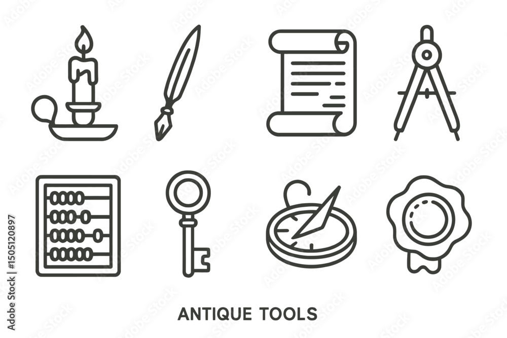 Fototapeta premium Collection of antique tools: candle holder, quill pen, scroll, compass, key, abacus, wax seal