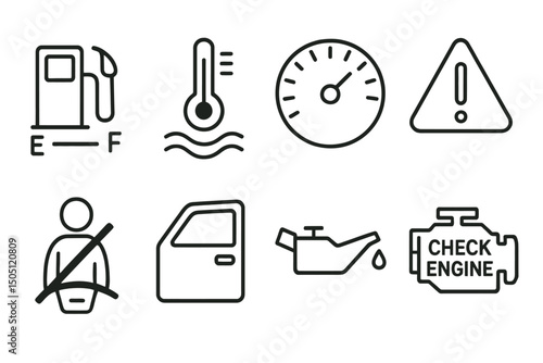 Car dashboard warning symbols: fuel, temperature, speedometer, caution, seatbelt, door, oil, check engine.