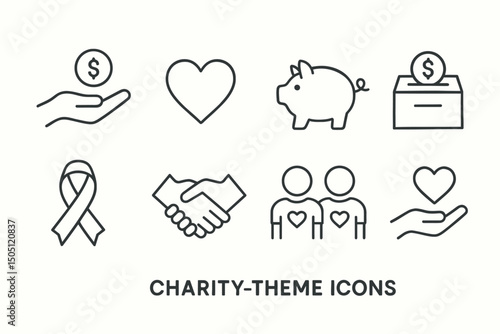 Charity icons: heart, hand, piggy bank, donation box, ribbon, handshake, support.