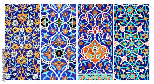 Set of vertical or horizontal banners with detail of ancient mosaic walls with floral and geometric ornaments. Collection of background with traditional islamic tile decoration. Tile decor on old wall