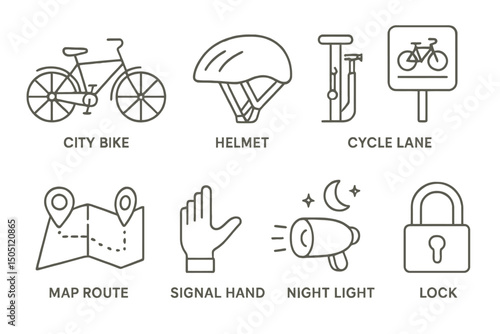 City bike icons: helmet, cycle lane, map route, signal hand, night light, lock