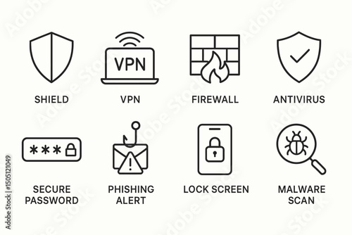 Cybersecurity icons: shield, vpn, firewall, antivirus, secure password, phishing alert, lock screen, malware scan