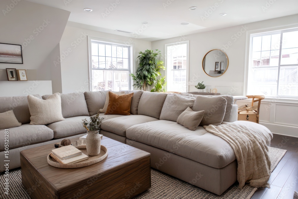 Spacious living room with sectional sofa, neutral decor, and natural light streaming in. Spacious living room with sectional sofa, neutral decor, and natural light streaming in.