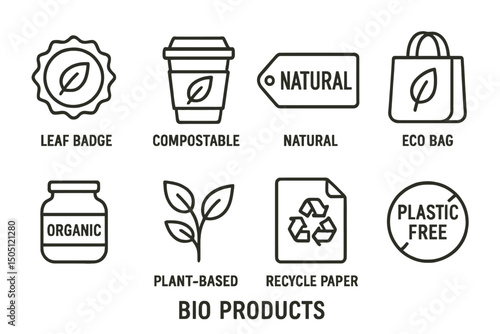 Eco-friendly icons: compostable, organic, natural, recyclable products illustrated
