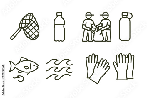 Environmental conservation symbols: recycling, fishing, and cleanup efforts