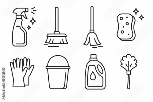 Outline Icons of Cleaning Tools and Supplies
