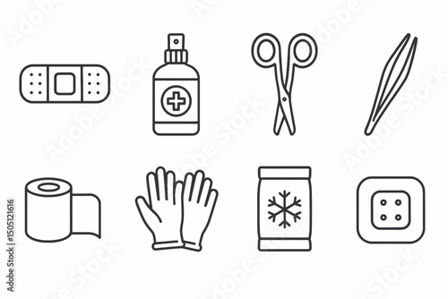 First aid kit essentials: bandage, disinfectant, scissors, tweezers, tape, gloves, cold pack, button