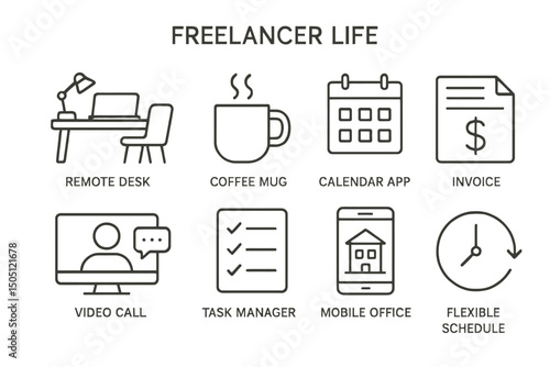 Freelancer Lifestyle and Remote Work Line Icons Set
