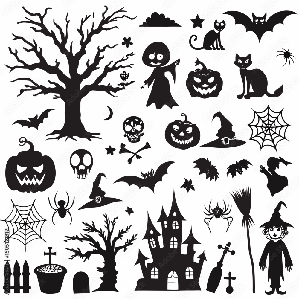 Obraz premium Haunted House Edition, Halloween Silhouettes, Set of Happy Halloween design elements on white background