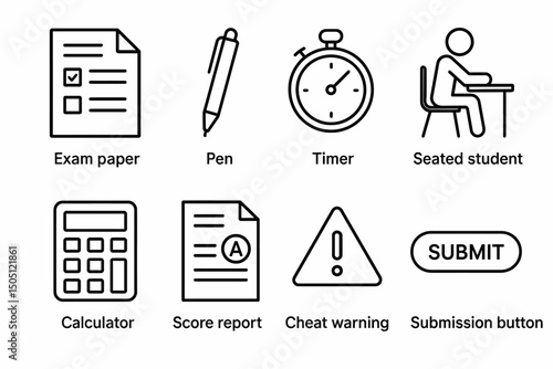 Icons of exam essentials: papers, pen, timer, student, calculator, score report, cheat warning, submit