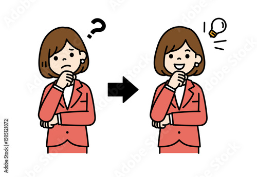 悩んでいるポーズと閃いたポーズの、女性会社員のベクターイラスト素材＿線幅の編集可能＿カラー	
