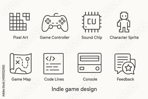 Indie game design elements: pixel art, controller, sound chip, character sprite, and more