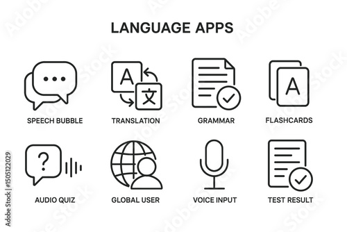 Language learning apps icons for translation, grammar, and voice input
