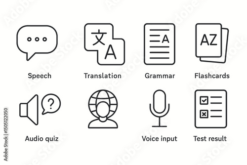 Language learning icons: speech, translation, grammar, flashcards, audio quiz, voice input, test result