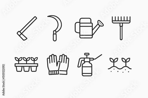 Line art gardening tools: hoe, sickle, watering can, rake, seedlings, gloves, sprayer