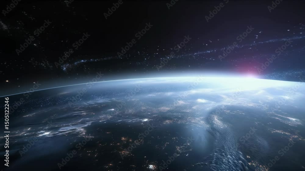 View of a generic planet with city lights and glowing horizon with a starfield above, cosmic scene, universe, celestial. View of a generic planet with city lights and glowing horizon with a starfield above, cosmic scene, universe, celestial.