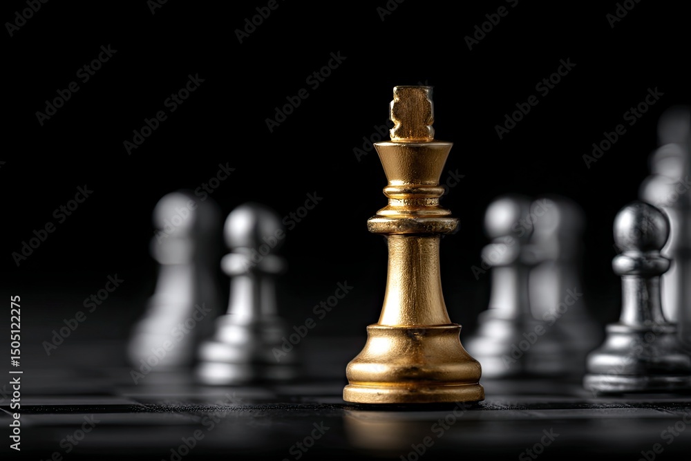 A gold king chess piece stands triumphantly over fallen silver pawns on a black background, with ample copy space. A gold king chess piece stands triumphantly over fallen silver pawns on a black background, with ample copy space.