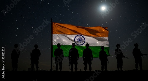 Silhouetted soldiers standing in formation at night, with a glowing moon and faint stars above. The Indian flag is slightly lit from behind, glowing subtly.