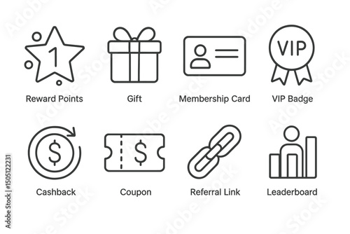 Loyalty program icons: rewards gift coupon cashback membership vip badge