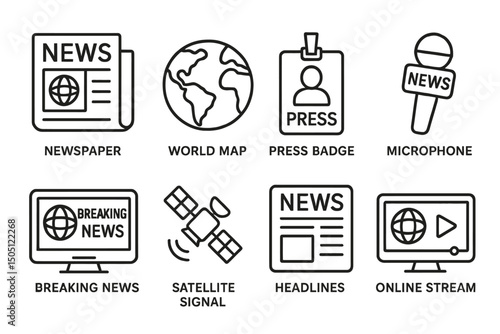 Media icons: newspaper, world map, press badge, microphone, breaking news, satellite, headlines, online stream