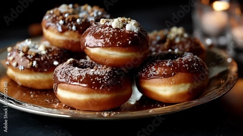 A tempting stack of delicious donuts glazed with rich chocolate and topped with nuts, served on an elegant plate in a cozy setting.