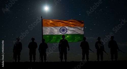 Silhouetted soldiers standing in formation at night, with a glowing moon and faint stars above. The Indian flag is slightly lit from behind, glowing subtly.