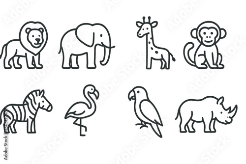 Minimalist outline art of zoo animals: lion, elephant, giraffe, monkey, zebra, flamingo, parrot, rhinoceros.