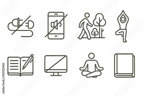 Minimalist icons: technology off, nature, yoga, reading, and meditation.