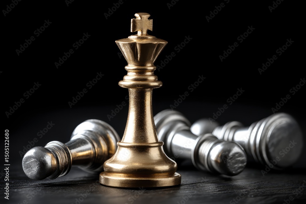 A gold king chess piece stands triumphantly over fallen silver pawns on a black background, with ample copy space. A gold king chess piece stands triumphantly over fallen silver pawns on a black background, with ample copy space.