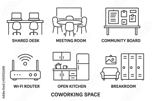 Modern coworking space amenities: shared desks, meeting rooms, community board, and more.
