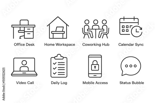 Modern office icons set: desk, workspace, coworking, calendar, video, log, mobile, status