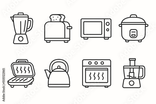 Outline icons of kitchen appliances: blender, toaster, microwave, rice cooker, grill, kettle, oven, food processor.