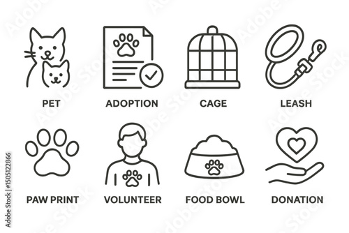 Pet adoption icons: cage, leash, volunteer, donation, paw print