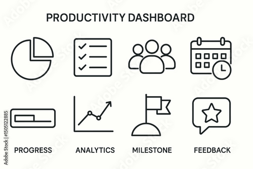 Productivity dashboard with icons for progress, analytics, milestones, and feedback.