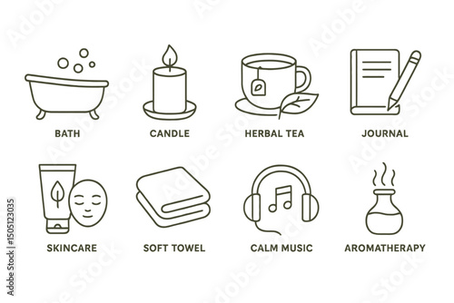 Relaxation essentials: bath, candle, herbal tea, journal, skincare, soft towel, music, aromatherapy