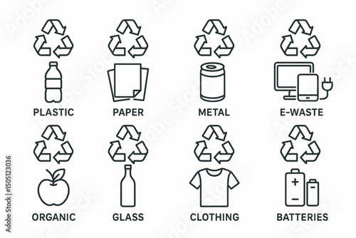 Recycling symbols for plastic, paper, metal, e-waste, organic, glass, clothing, batteries.
