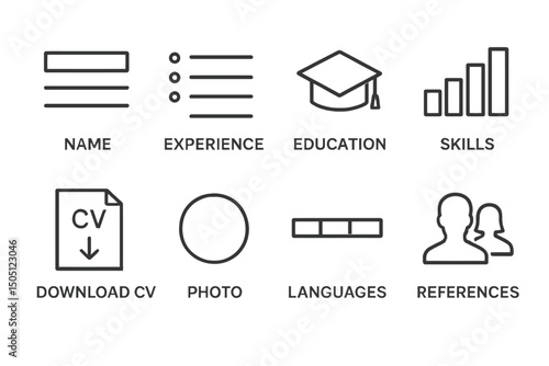 Resume icons overview: experience, education, skills, languages, references.