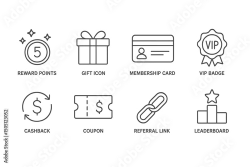 Rewards icons: points, gift, membership, vip, cashback, coupon, referral, leaderboard