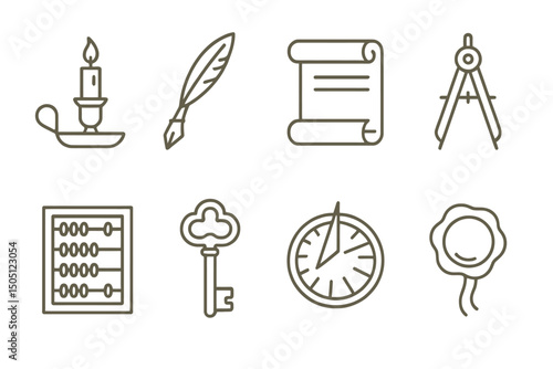 Retro icons: candle, quill, scroll, compass, abacus, key, sundial, seal