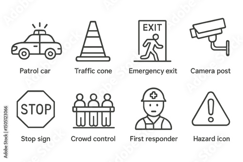 Safety symbols: patrol car, traffic cone, emergency exit, camera post, stop sign, crowd control, first responder, hazard icon