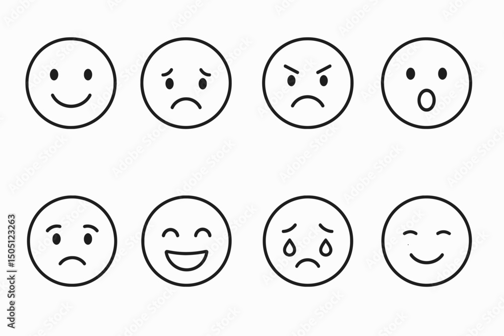 Set of simple facial expressions with emoticons depicting various emotions. Set of simple facial expressions with emoticons depicting various emotions.